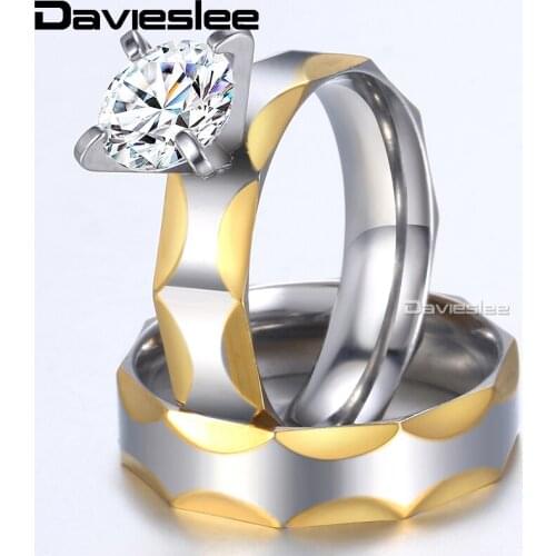 Davieslee Wedding Ring Set For Men Women Engagement Promise Jewelry Clear CZ Gold Silver Color Stainless Steel LKR140