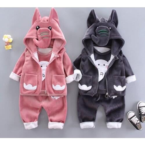 Autumn Winter Children Fashion Clothes Baby Boys Girls Cartoon Velvet Hooded Vest T Shirt Pants 3pcs/sets Kids Infant Sportswear