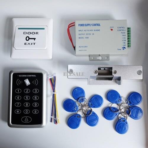 Full RFID Door Access Control System Kit Set Electric Strike Lock + 12V Power Supply + Proximity Door Entry keypad + 10 Keyfobs