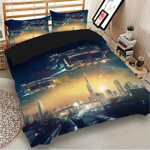 Spaceship Printed Bedding 2/3pcs Airship duvet cover pillow cover bed sets Blue/Gloden soft Western Single double bedding set
