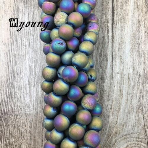 Rainbow Titanium Agates Druzy Natural Stone Beads,Round Matte Agates Geode Loose Beads for Jewelry 5 Strands/lot MY0085