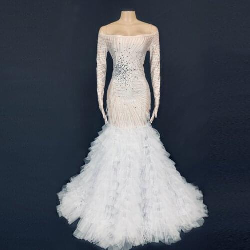 Luxury Slash Neck Rhinestone Wedding Party Mermaid Dress Women Bodycon Trailing Evening Dress Crystal Prom Long Dress Stage Wear