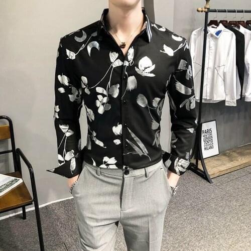High Quality Fashion Bronzing Floral Shirts Tuxedo for Men Clothing 2021 Spring New Slim Fit Casual Long Sleeve Blouse Homme 3XL