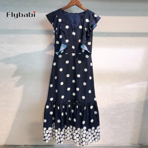 S to xxl High quality Flowers print tank Ruffles Sleeveless V-Neck Mid-Calf dress 2019 summer new arrival Elegant women dress