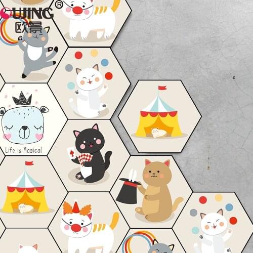 Mixed Cute Kitten Cats Pattern Hexagon Tile Floor Wall Sticker For Kids Room Kindergarten Kitchen Non-slip Mat Vinyl Tile Mural