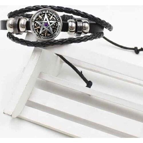 Steampunk fashion bracelet black magic pagan five-pointed star crystal glass woven leather gift ladies mens jewelry