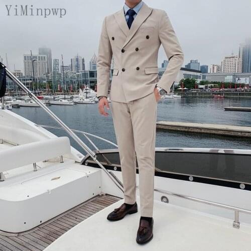 YiMinpwp Beige Formal Men Suits Peaked Lapel Double Breasted Wedding Groom Suits Costume Mariage Homme 2 Piece Jacket+Pant