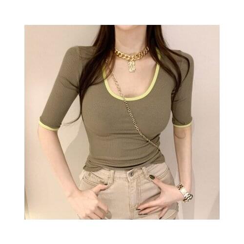 Summer Sexy Women Slim Top Tees T Shirt Low Cut Short Sleeve Solid Female Teenage Girls Femmes T-shirt Streetwear Ladies Tops