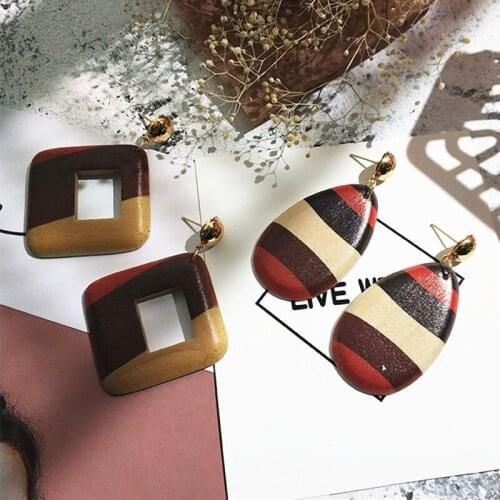 Korean Wild Personality Wooden Earrings Geometric Square Oval Hit Color Statement Long Earring for Women Minimalist Jewelry