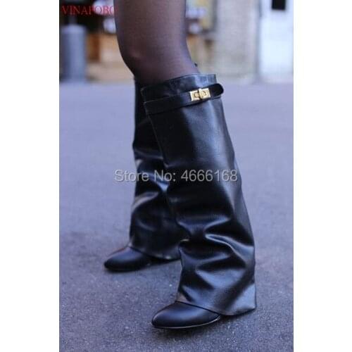 Wedge Shark Lock Women Knee High Boots Slip-on Fold Over Lady Motorcycle Boots Height Increasing Metal Woman Leather Long Boots