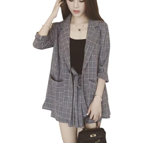 2019spring summer new womens large size was thin small suit casual plaid sets single button top + lacing shorts two-piece setl5