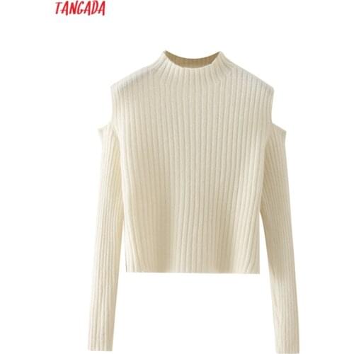 Tangada Women 2021 Fashion White Off Shoulder Knitted Sweater Jumper Turtleneck Female Pullovers Chic Tops 5X103