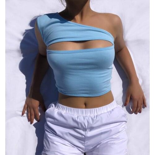 2020 Summer Women Crop Top Sexy Tank T-Shirt Surge Show Some Boobs Blue One Shoulder Strap Sleeveless Blouse