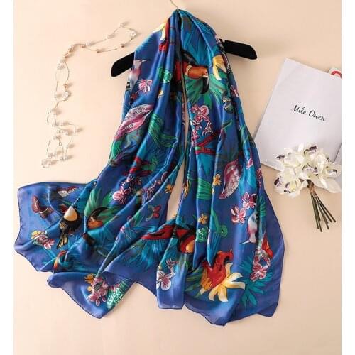 2020 Luxury Brand 100% Pure Silk Scarf Women Summer Designer Bird Foulard Shawl Ladies Long Bandana New 180*90cm