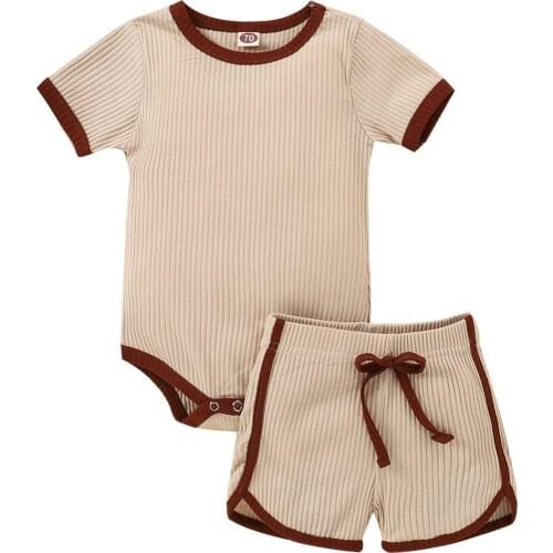 2021 Summer New Baby Girl 2 PCS Outfit Set Solid Color Ribbed Short Sleeve Romper Short Pants Sets toddler boy clothes
