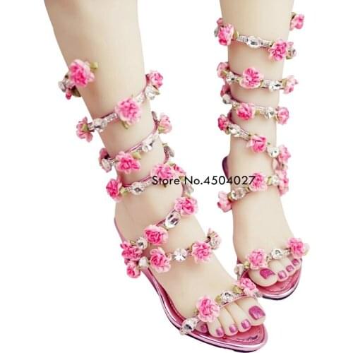 Sexy Slip On Ankle Wrap Wedge Sandal Boots Gladiator Summer Rhinestone Woman Boots Shoes Bohemia Style Crystal Flower Shoes