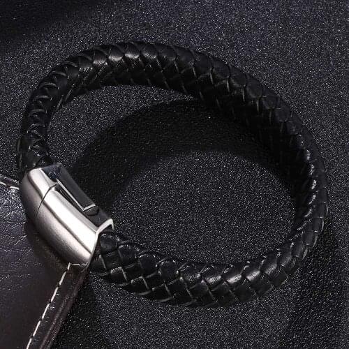 Black Braided Leather Bracelet Men Stainless Steel Magnetic Buckle Male Bangle Fashion Gifts