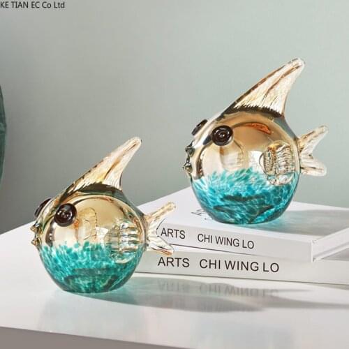 European Luxury Glass Bubble Fish Crafts High-end Blue Glass Animal Sculpture Living Room Wine Cabinet Crafts Furnishings Gifts