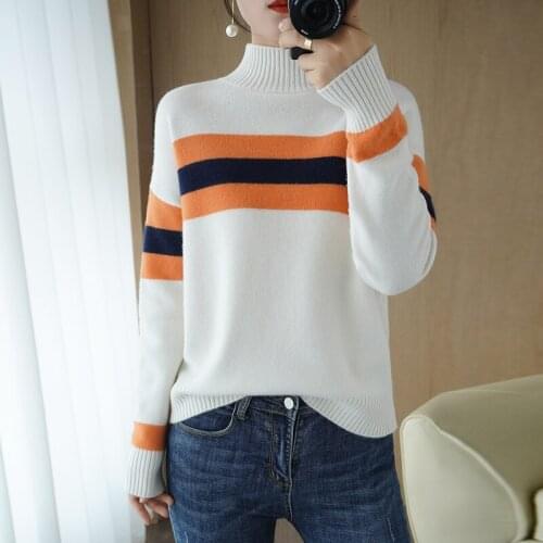 European and American trend half high neck cashmere sweater ladies knitted full sleeve loose pullover regular 100% wool sweater