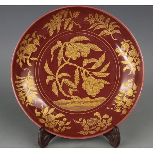 Antique MingDynasty(YongLe)porcelain plate,red glaze,gilt fruit,Hand-painted crafts,Collection&Adornment,Free shipping