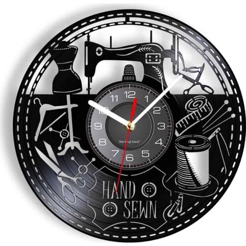 Sewing Machine Tools Inspired Vinyl Record Wall Clock Hand Made Tack Clothes Workshop Tailor Art Decor Watch Seamstress Gift