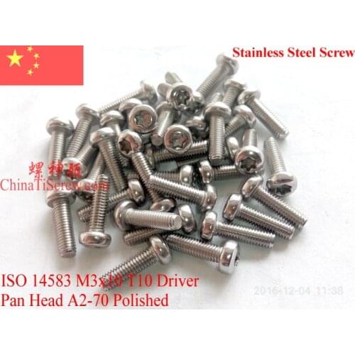 ISO 14583 Stainless Steel screws M3x10 Torx 10 Driver Pan Head A2-70 Polished ROHS 100 pcs