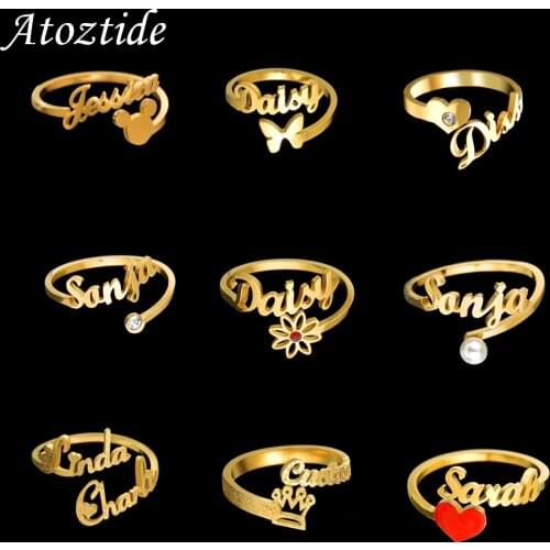 Atoztide Custom Names Rings Stainless Steel Adjustable Butterfly Open Size Wedding Letter Circle for Women Unique Jewelry Gifts
