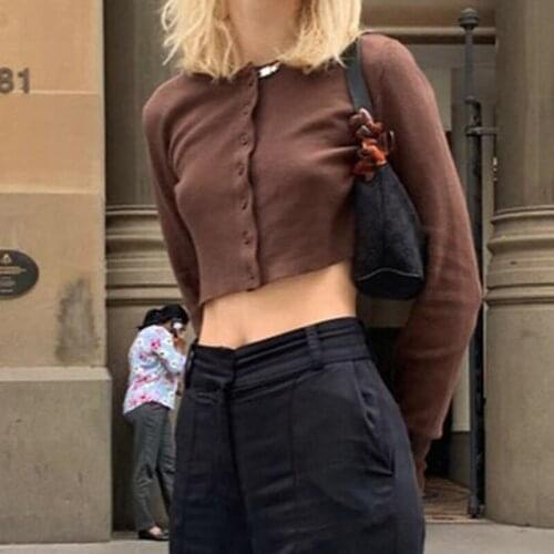 Brown Long Sleeve Crop Top T Shirt Women 90s Aesthetic Y2k O Neck Buttons Cardigans Tshirt Femme T-shirts Harajuku Streetwear