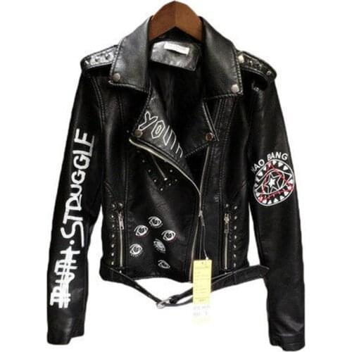 New Autumn Women Winter Faux Soft Leather Jackets Coats Lady Black PU Rivet Zipper Epaulet 3D print Motorcycle Streetwear Y473