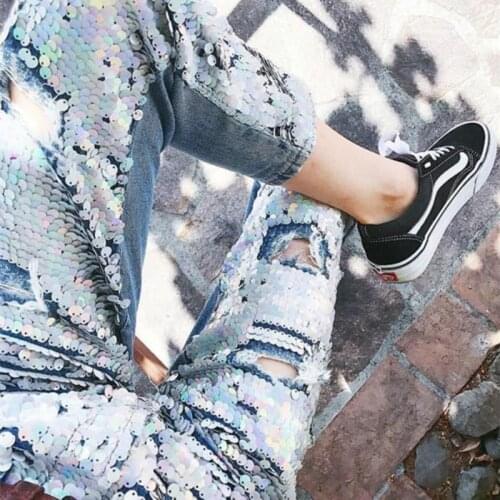 Hot Sale Womens Ripped Jeans Fashion Boyfriend Jeans For Woman Hole Denim Pants Sequin Decoration Jeans Free shipping C066