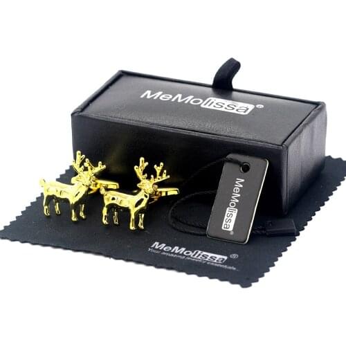 MeMolissa Display Box Novelty Gold Deer Cuff links Copper Material Mens Shirt Cufflink Wedding Cufflinks Free Tag & Wipe Cloth