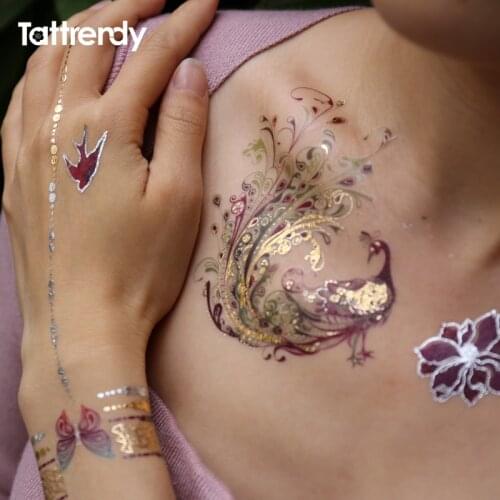 Flash Metallic Waterproof Tattoo Temporary Color Gold Silver Women Fashion Peacock Feather bird Design Sticker on the body YH119