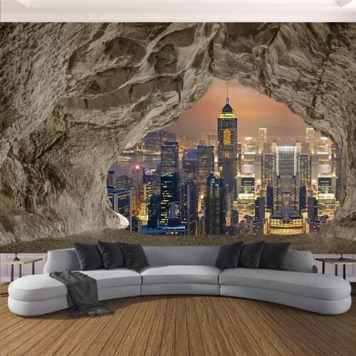 Custom Mural Wallpaper 3D Creative Cave Stone Wall City Night View Photo Wall Paper Living Room Bedroom Background 3D Home Decor