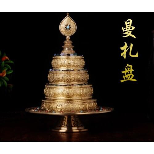 Wholesale Buddhist supplies -efficacious Talisman Tibetan 37TH The eight auspicious Manja Mandala disc gilding statue+gemstone