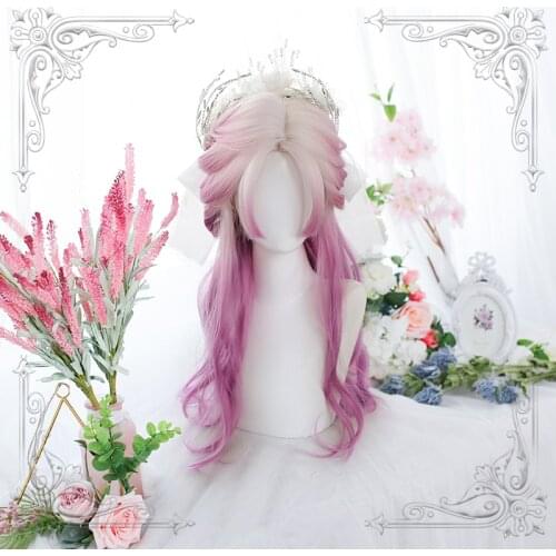 Gradient Beige Purple Lolita Wig Middle Part Harajuku Fairy Cosplay Hair Curly Straight Long Sweet Bangs Adult Girls Hair