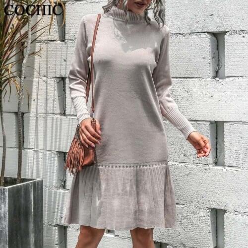 SALE Winter Womens Clothing Sweater Dress Korean Turtleneck Warm Knitted Female Loose Solid Color Ruffles Bottoming Woman Dress