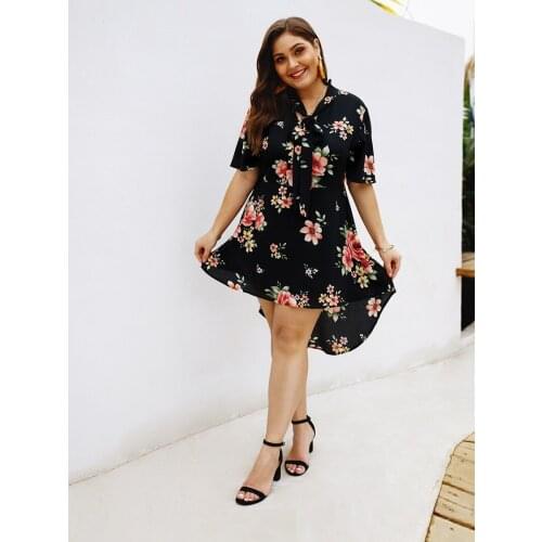 Plus Size Womens Dress Sexy Bow Dress Fashion Bow Short Sleeve Printed Dress Summer Lady Party A-line Dress