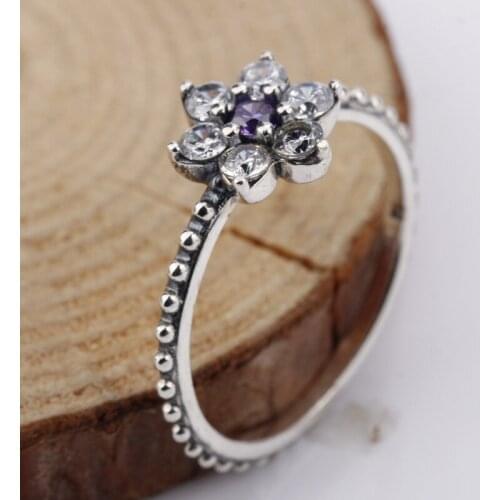 Real 100% 925 Sterling Silver Rings Forget Me Not, Purple & White Clear CZ Finger Rings for Women Wedding Gift