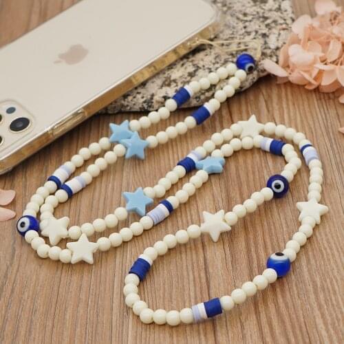 Phone Strap Lanyard Phone Chain Beads Star Charm Evil Eye Necklace For Women Telephone Jewelry Hangs Mobile On Neck