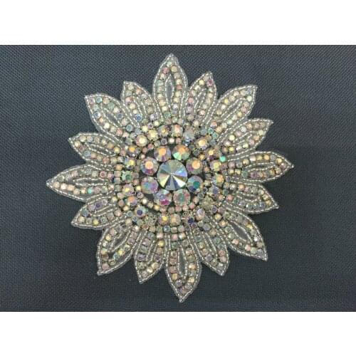 Flower Silver bridal wedding sash and belt crystal rhinestone applique patch iron on AB rhinestone appliques for evening dress