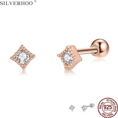 SILVERHOO Trendy Grometry Square Stud Earrings For Women 925 Sterling Silver Round Cubic Zircon Small Cute Earings Charm Jewelry