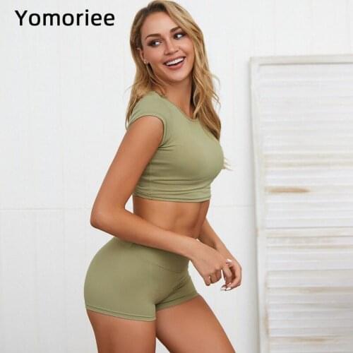 Yoga Sports Suit Gym Running Training Fitness Workout Top Two-piece Set Naked-Feel Solid Color Crop Shorts Sleeve and Shorts