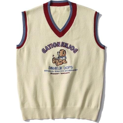 LACIBLE Streetwear Harajuku Vintage Bear Embroidery Knitted Sweaters Pullover Vest Casual V Neck Sleeveless Knitwear Tank Tops