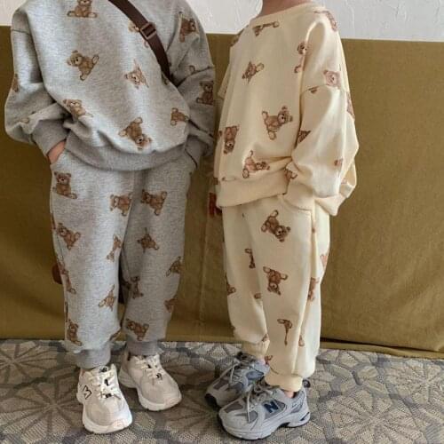 2021 New Children Long Sleeve Sweatshirt Bear Print Baby Clothes Set 2pcs Boys Sport Pants Set Cotton Kids Girls Sweatshirt Set