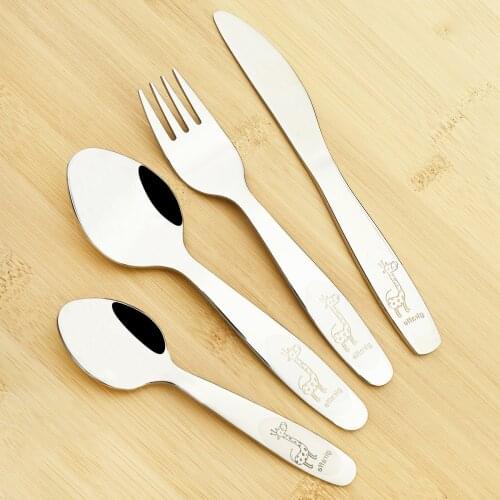 Western Baby Tableware 304 Stainless Steel Kids Cutlery Set Cartoon Pattern Carving Children Silverware Knife Teaspoon Fork Set