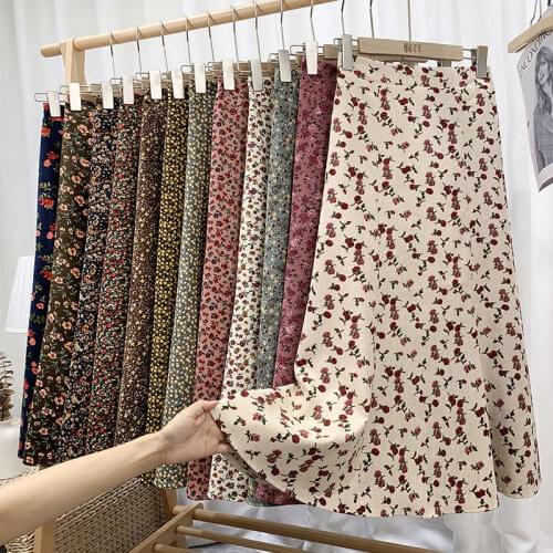Corduroy High Waist Winter Long Skirts A-line Women Flower Print Maxi Skirt Female Vintage pleated Skirt Cute Girls Streetwear