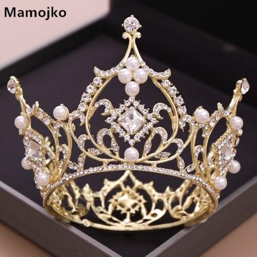 Mamojko Round Bridal Hair Jewelry Crystal Pearl Tiaras Rhinestone Queen Crown Headpiece Women Wedding Hair Accessories Diadem