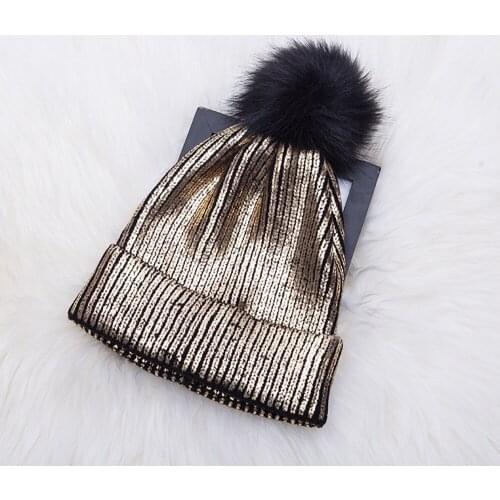 Knitted Bronzing Gold Silver Beanie Cap Pompom Winter Hats For Women Fur Pom Pom Ball Hat Ladies Girls Warm Skullies Beanies