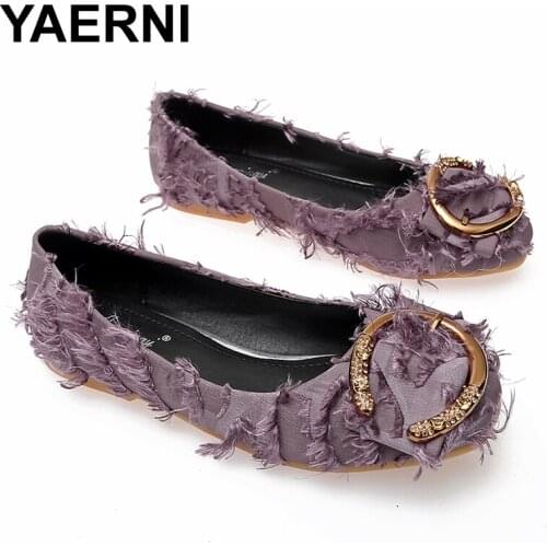 YAERNI Female Fringe Fabric Flats Woman Square Toes Slip-on Shoes Women Flat Heels Shoes Girls Shallow Comfort Shoes
