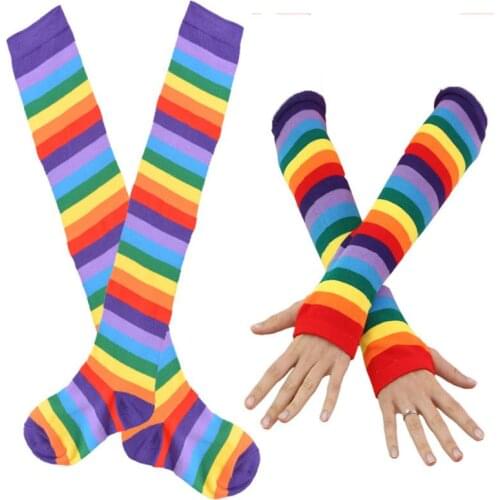 Womens Rainbow Stripes Over Knee Thigh High Socks Arm Warmer Fingerless Gloves Set Fancy Dress Cosplay Masquerade Party Costume